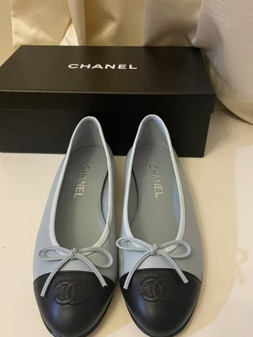 CHANEL Blue & Black Cap Toe Ballet Flats – with Box - Picture 2 of 5